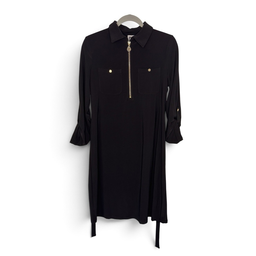 Anne Klein Women's 4 Black Zip Front Belted Shirt Dress Gold Hardware NWOT